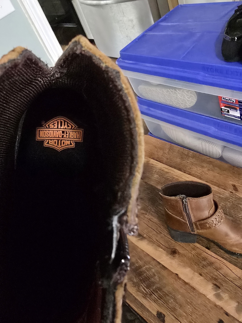 Harley-Davidson Brown Leather Woven Strap Block Heel Ankle Boots - Picture 5 of 6